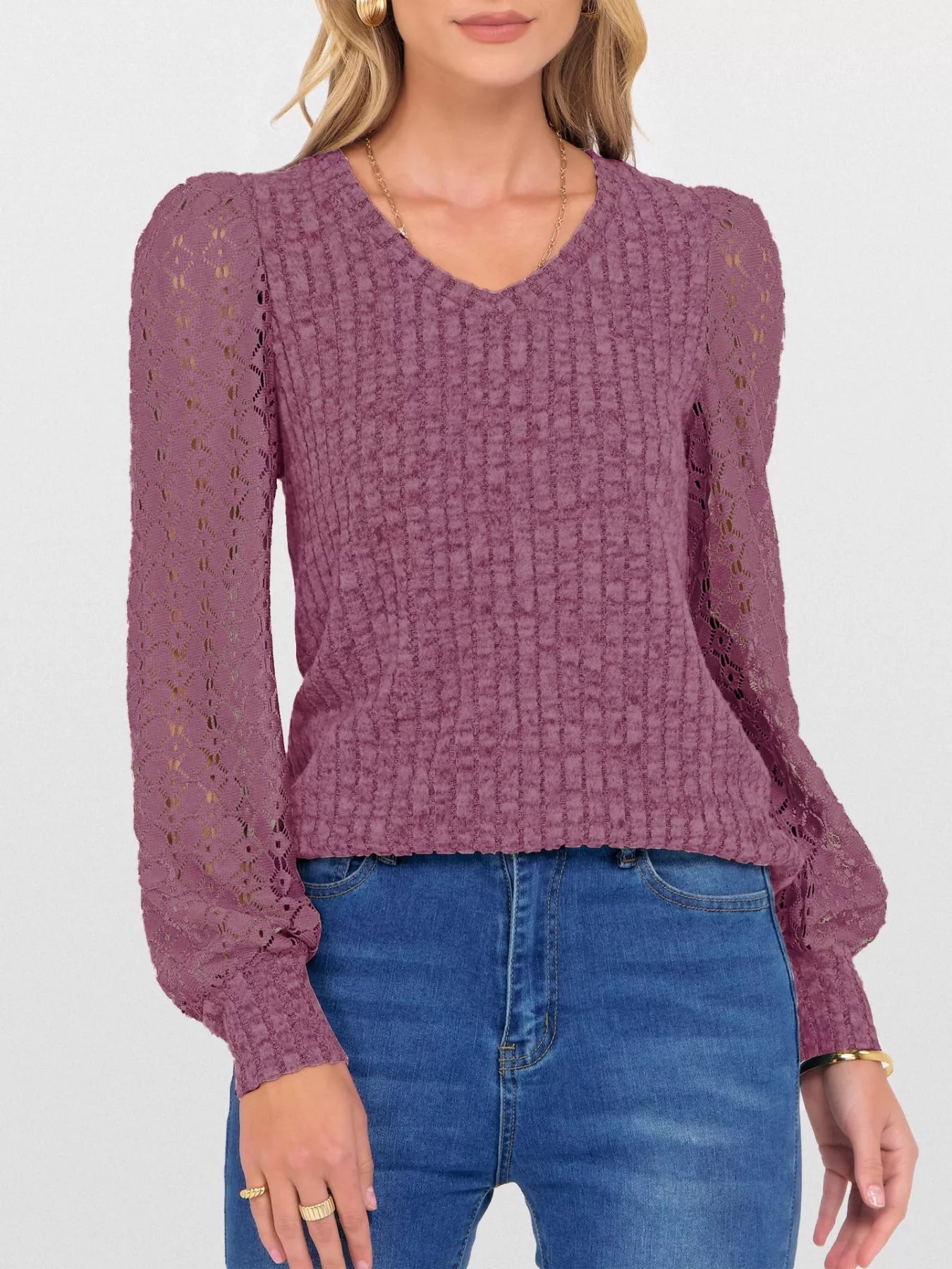 Fashorio Lace Sleeve V-Neck T-Shirt