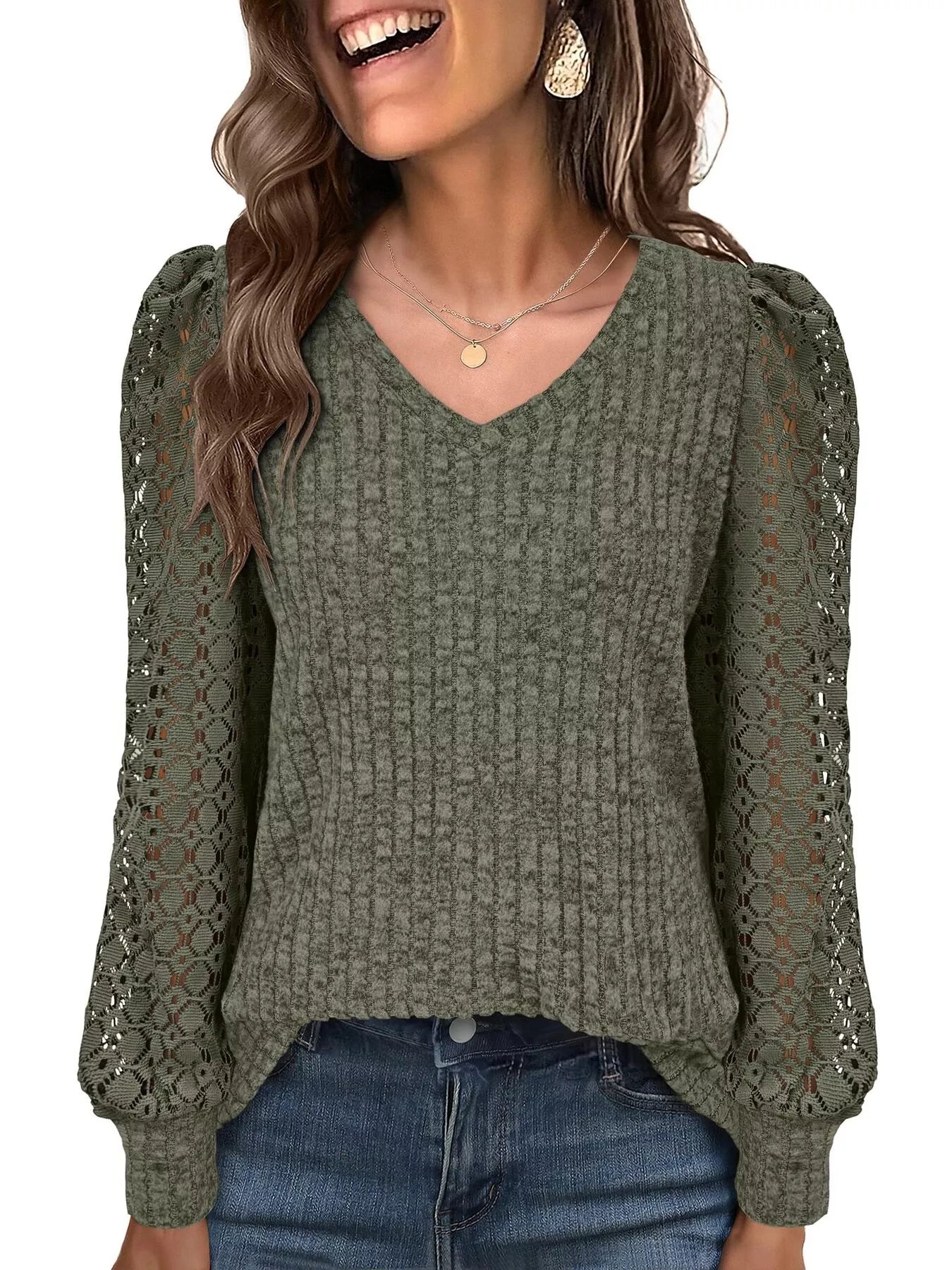 Fashorio Lace Sleeve V-Neck T-Shirt