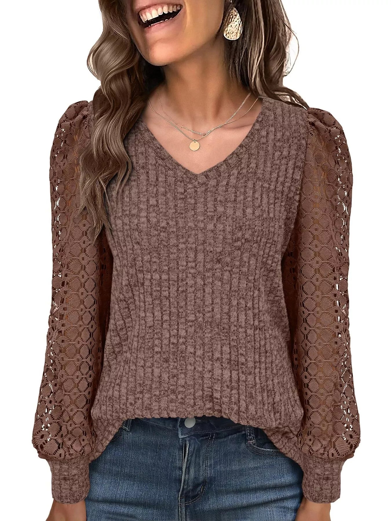 Fashorio Lace Sleeve V-Neck T-Shirt