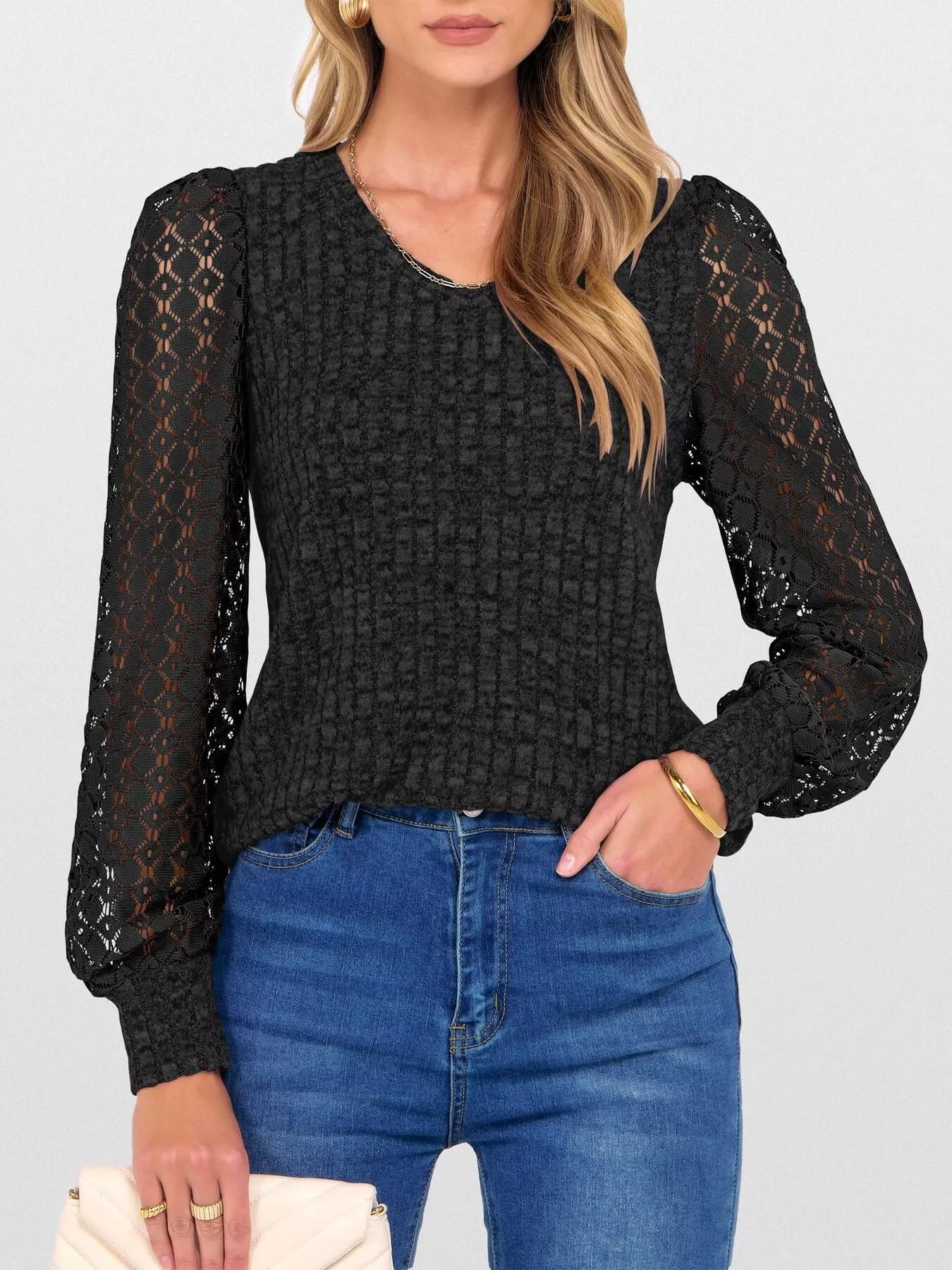 Fashorio Lace Sleeve V-Neck T-Shirt