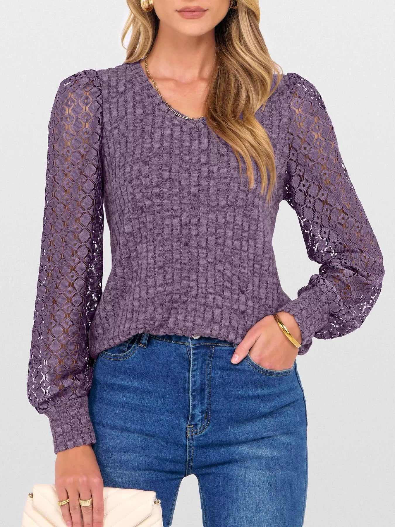 Fashorio Lace Sleeve V-Neck T-Shirt