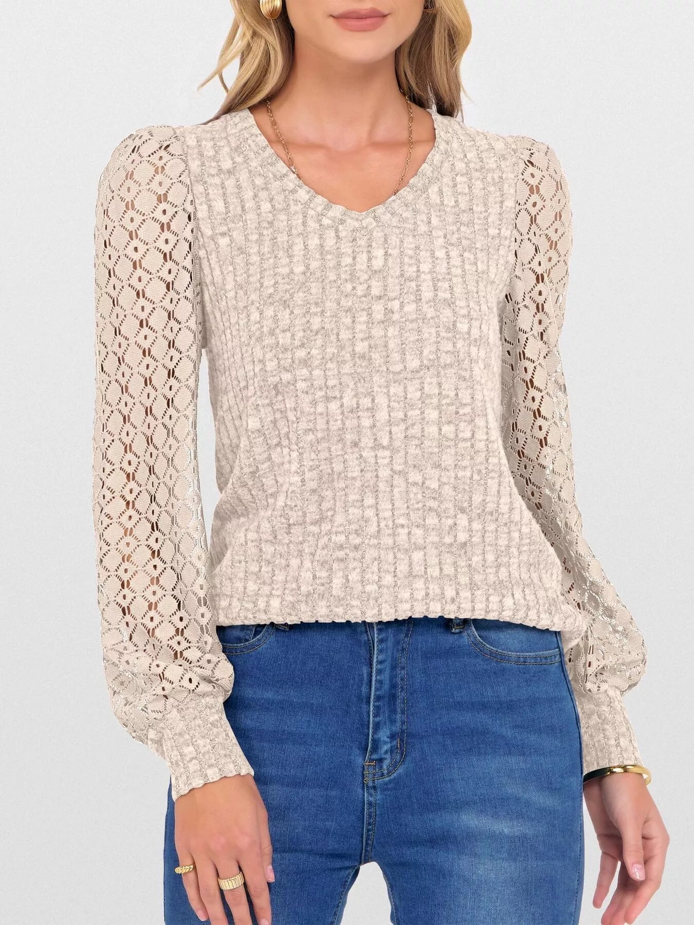 Fashorio Lace Sleeve V-Neck T-Shirt