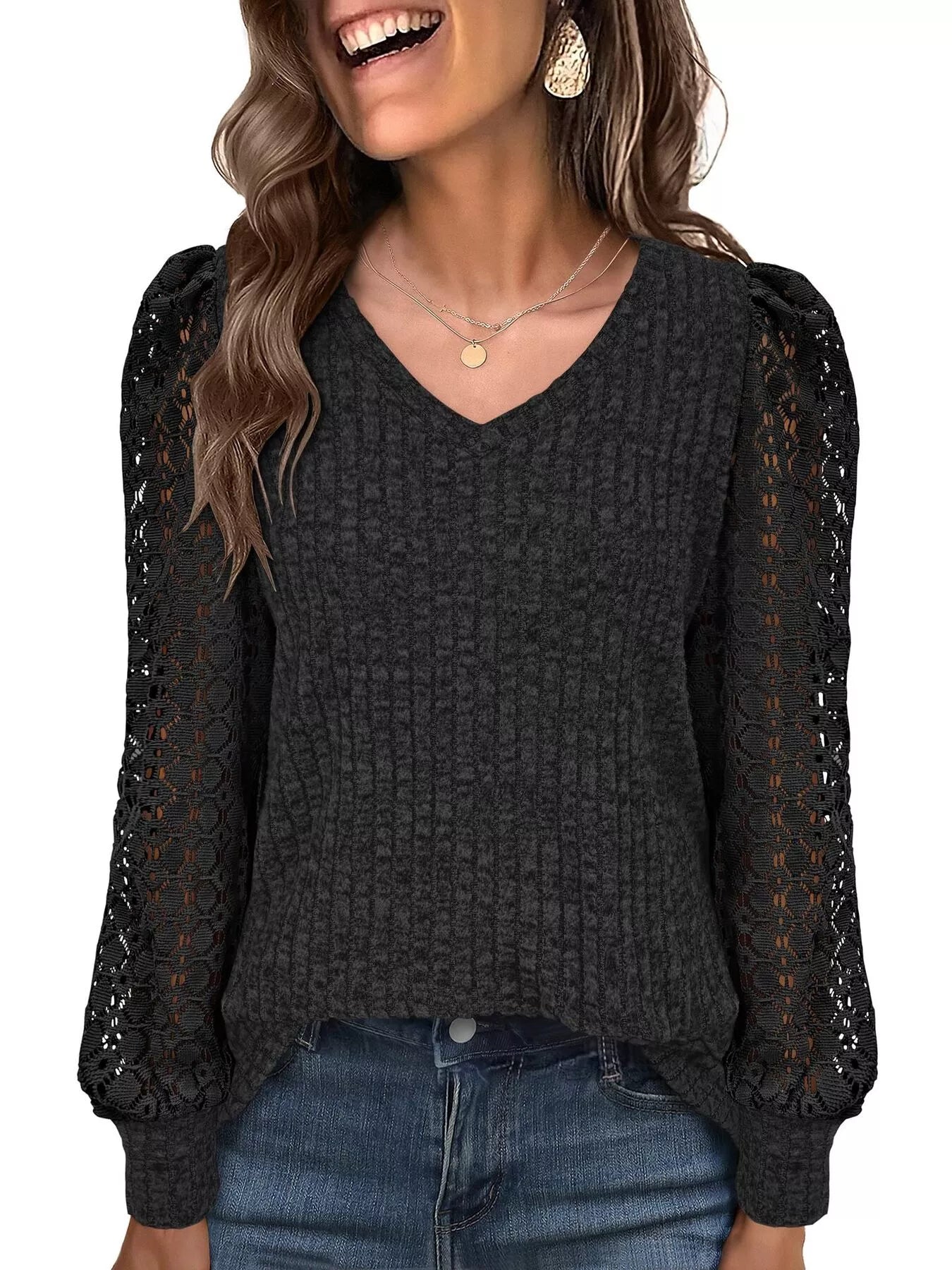Fashorio Lace Sleeve V-Neck T-Shirt
