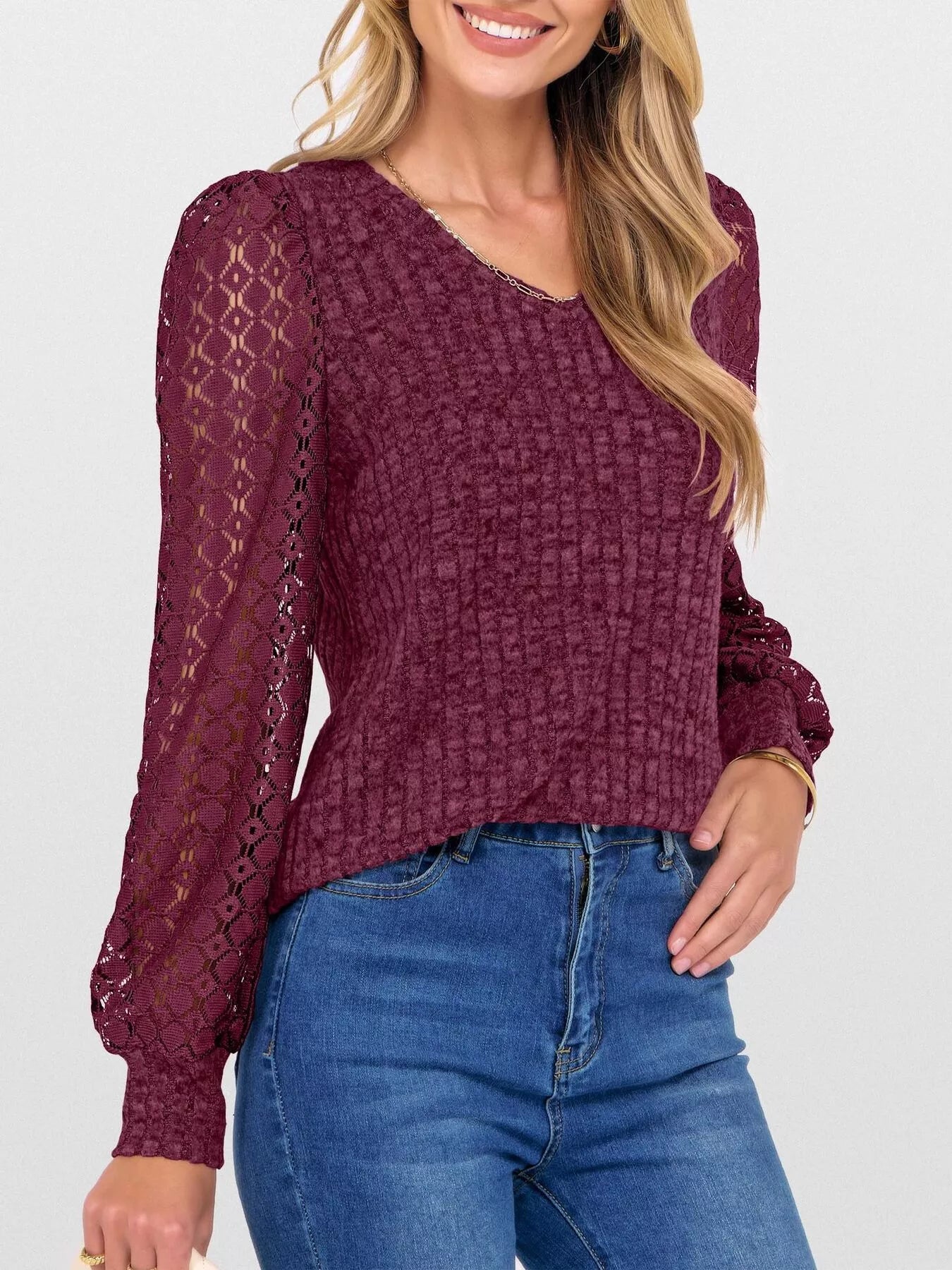 Fashorio Lace Sleeve V-Neck T-Shirt