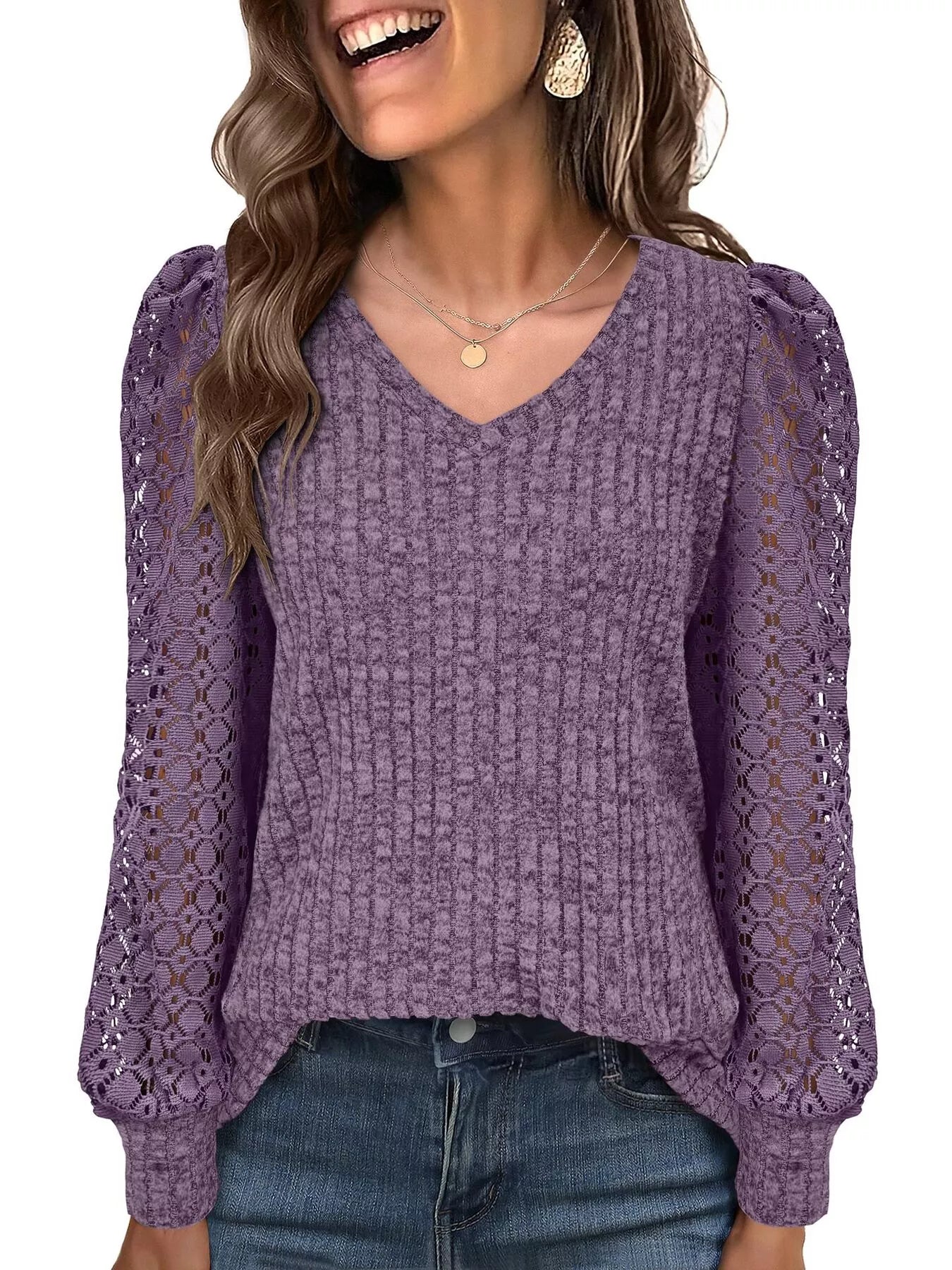 Fashorio Lace Sleeve V-Neck T-Shirt