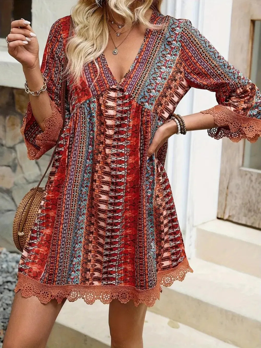 Fashorio Lace Trim Printed V-Neck 3/4 Sleeve Dress