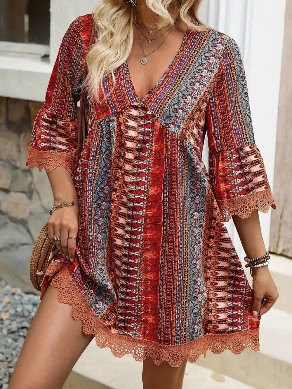 Fashorio Lace Trim Printed V-Neck 3/4 Sleeve Dress