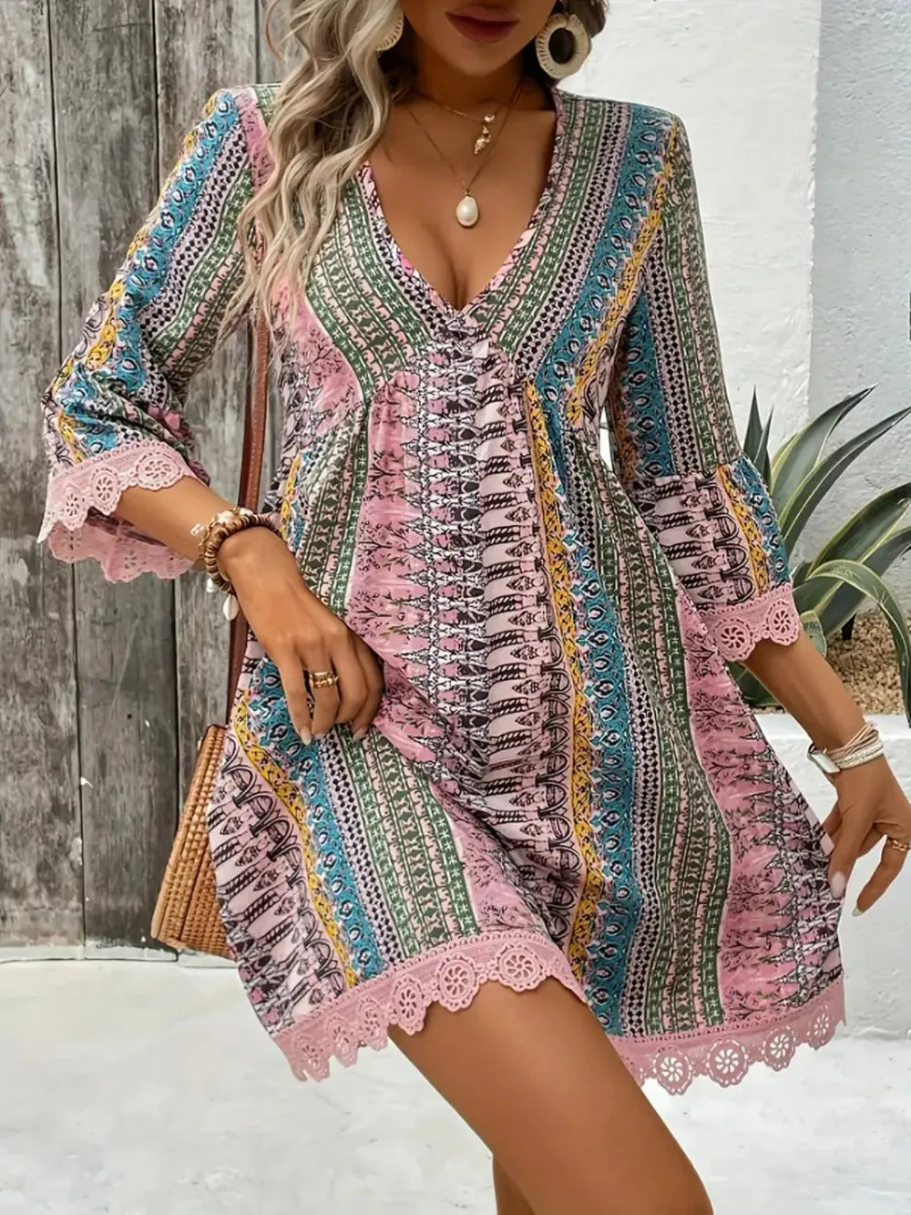 Fashorio Lace Trim Printed V-Neck 3/4 Sleeve Dress