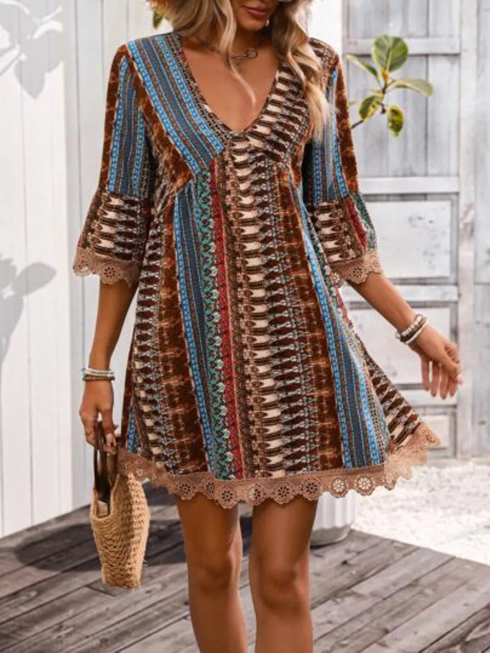Fashorio Lace Trim Printed V-Neck 3/4 Sleeve Dress