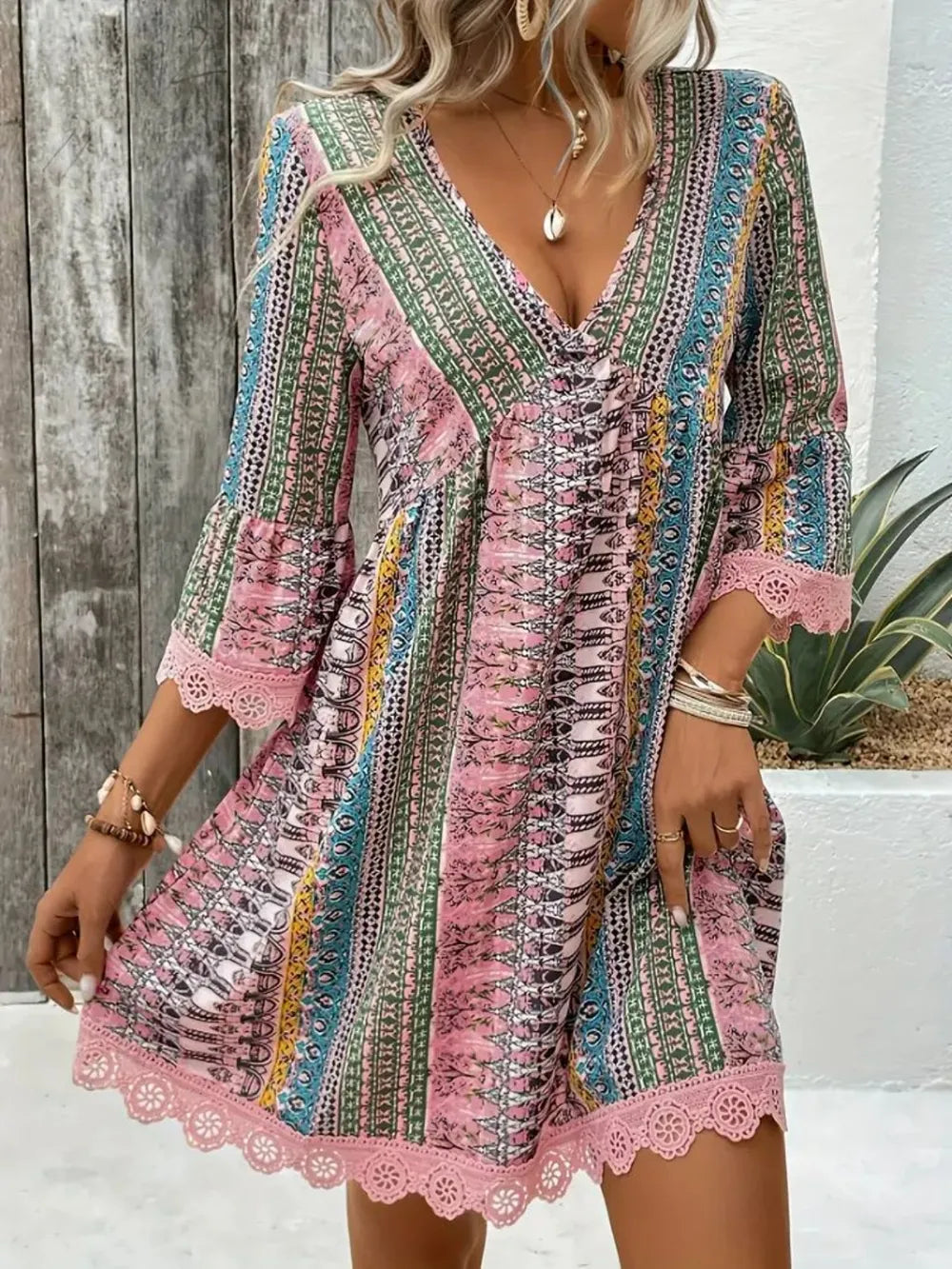 Fashorio Lace Trim Printed V-Neck 3/4 Sleeve Dress