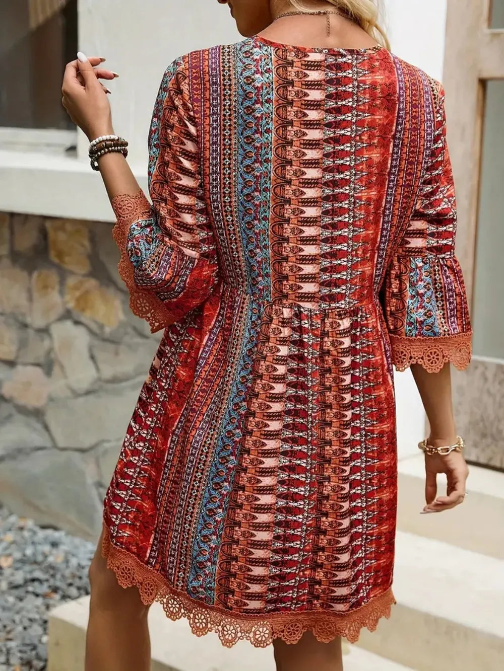 Fashorio Lace Trim Printed V-Neck 3/4 Sleeve Dress