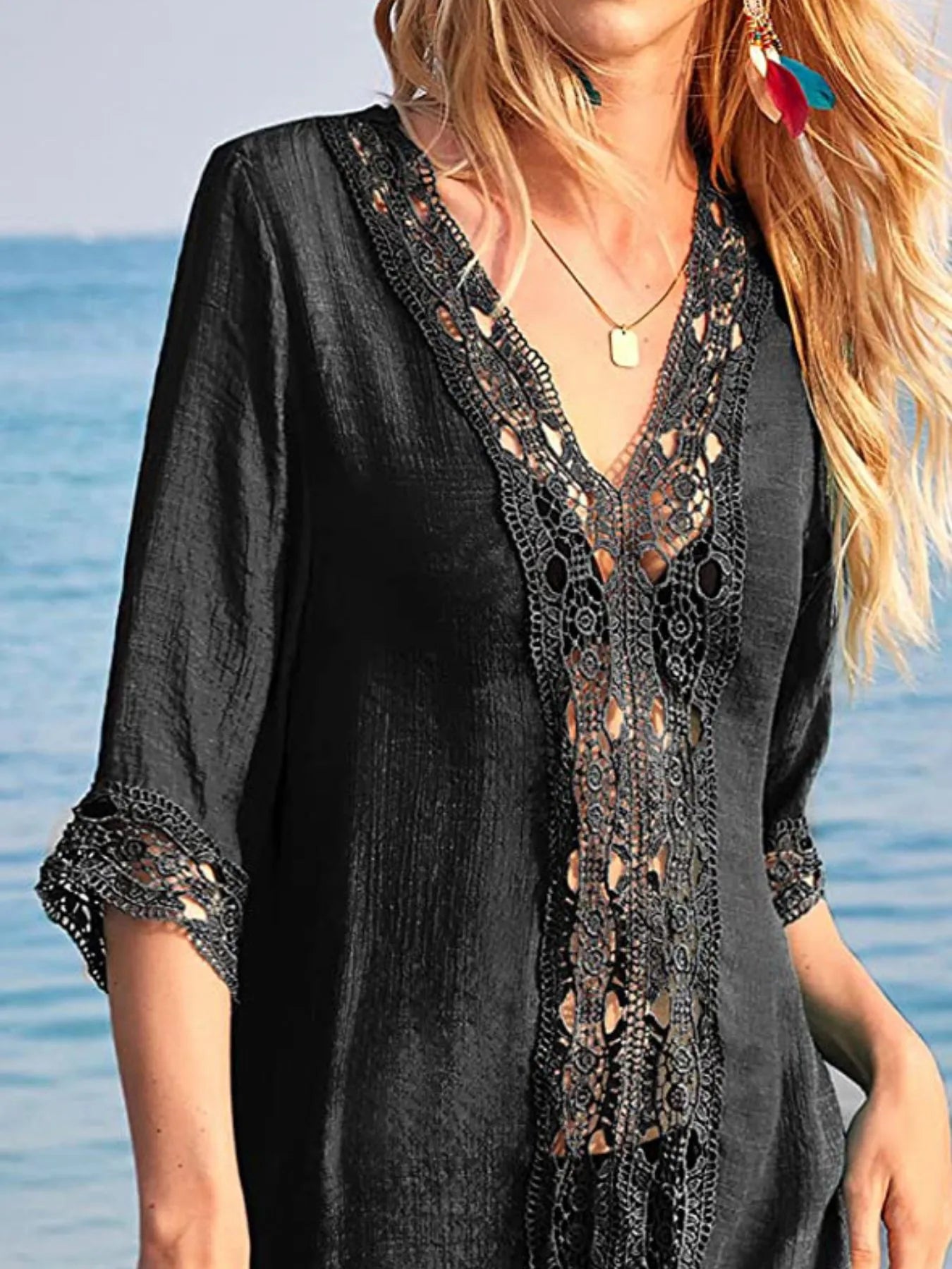 Fashorio Lace Trim V-Neck Cover-Up