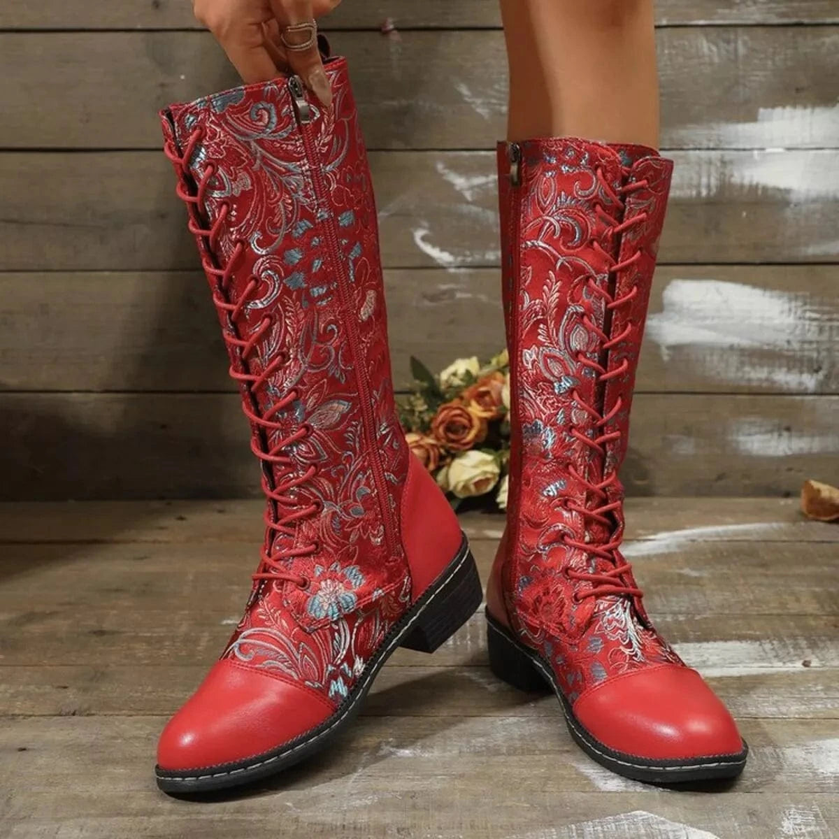 Fashorio Lace Up Block Heels Boots