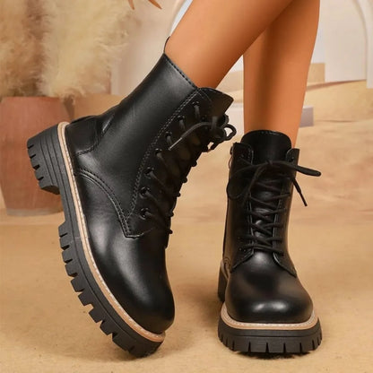 Lace Up Leather Combat Boots with Chunky Sole - Fashorio