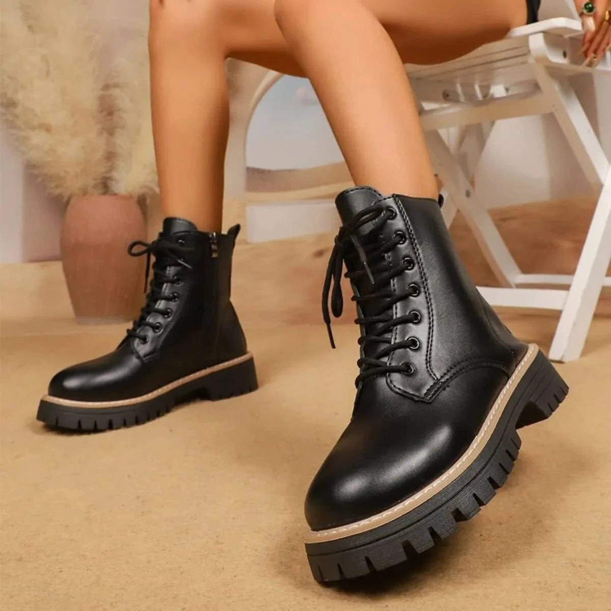 Fashorio Lace Up Leather Combat Boots with Chunky Sole
