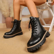 Fashorio Lace Up Leather Combat Boots with Chunky Sole