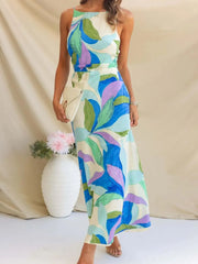 Fashorio Lake Blue / S Printed Backless Sleeveless Maxi Dress