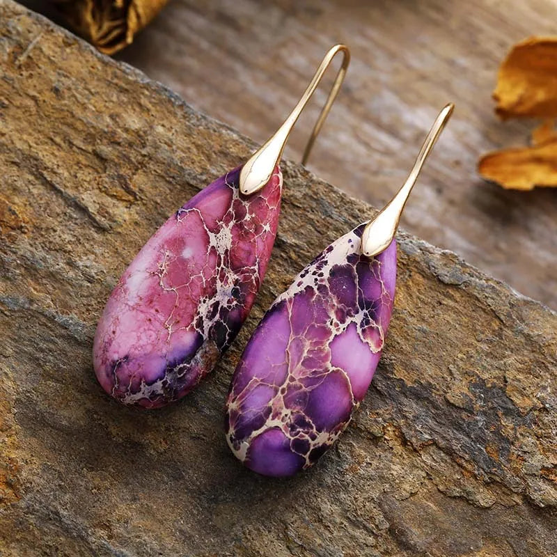 Fashorio Lavender/Gold / One Size Teardrop Shape Natural Stone Dangle Earrings