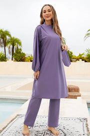 Fashorio Lavender / S Cap, Drawstring Mock Neck Long Sleeve Top and Pants Swim Set