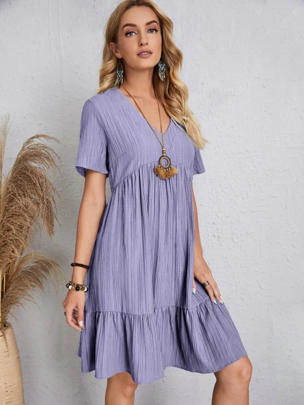 Fashorio Lavender / S Full Size V-Neck Short Sleeve Dress