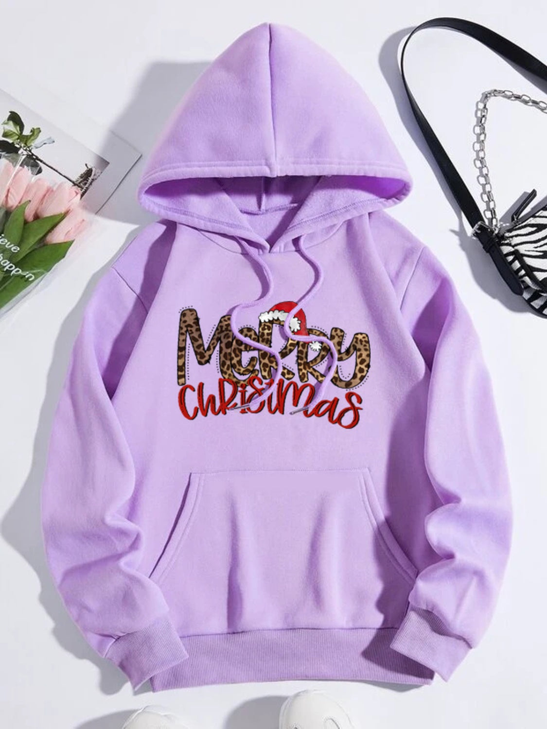 Fashorio Lavender / S MERRY CHRISTMAS Graphic Drawstring Hoodie
