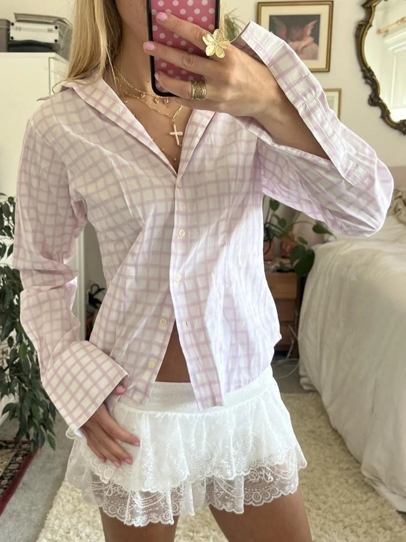 Fashorio Lavender / S Printed Button-Down Long Sleeve Shirt