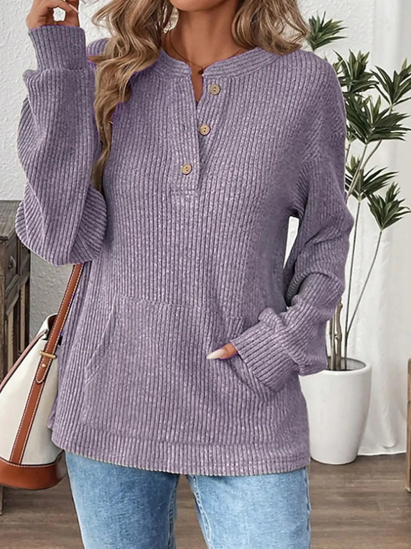 Fashorio Lavender / S Ribbed Button Detail Long Sleeve T-Shirt