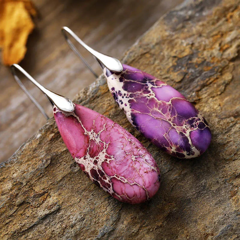 Fashorio Lavender/Silver / One Size Teardrop Shape Natural Stone Dangle Earrings