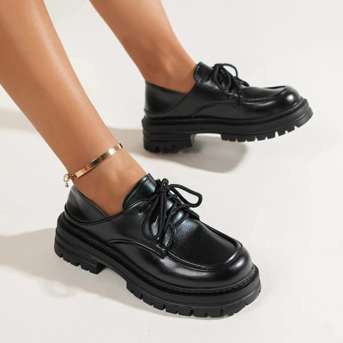 Fashorio Leather Platform Loafers with Lace-Up Detail