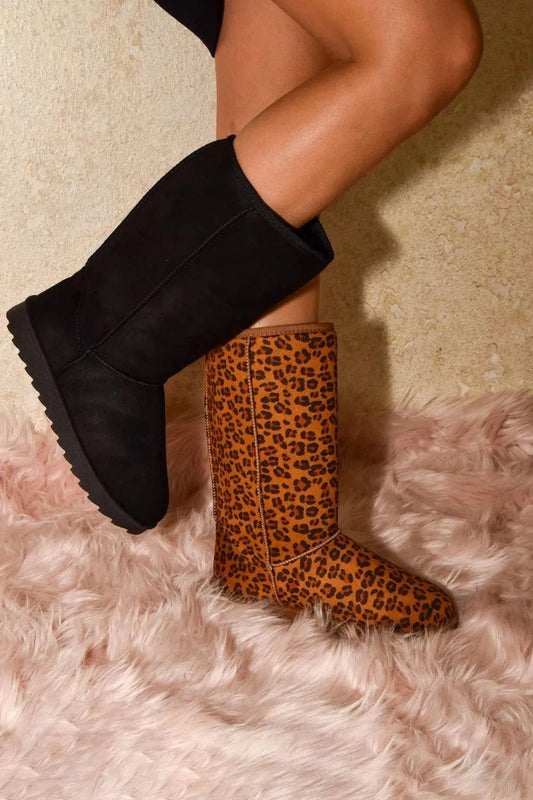 WILD DIVA Leopard Suede Round Toe Boots Leopard - Fashorio