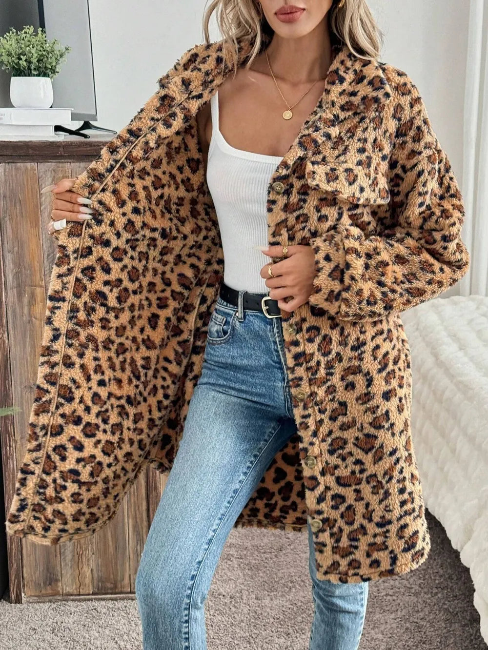 Fashorio Leopard Button Up Long Sleeve Fuzzy Coat
