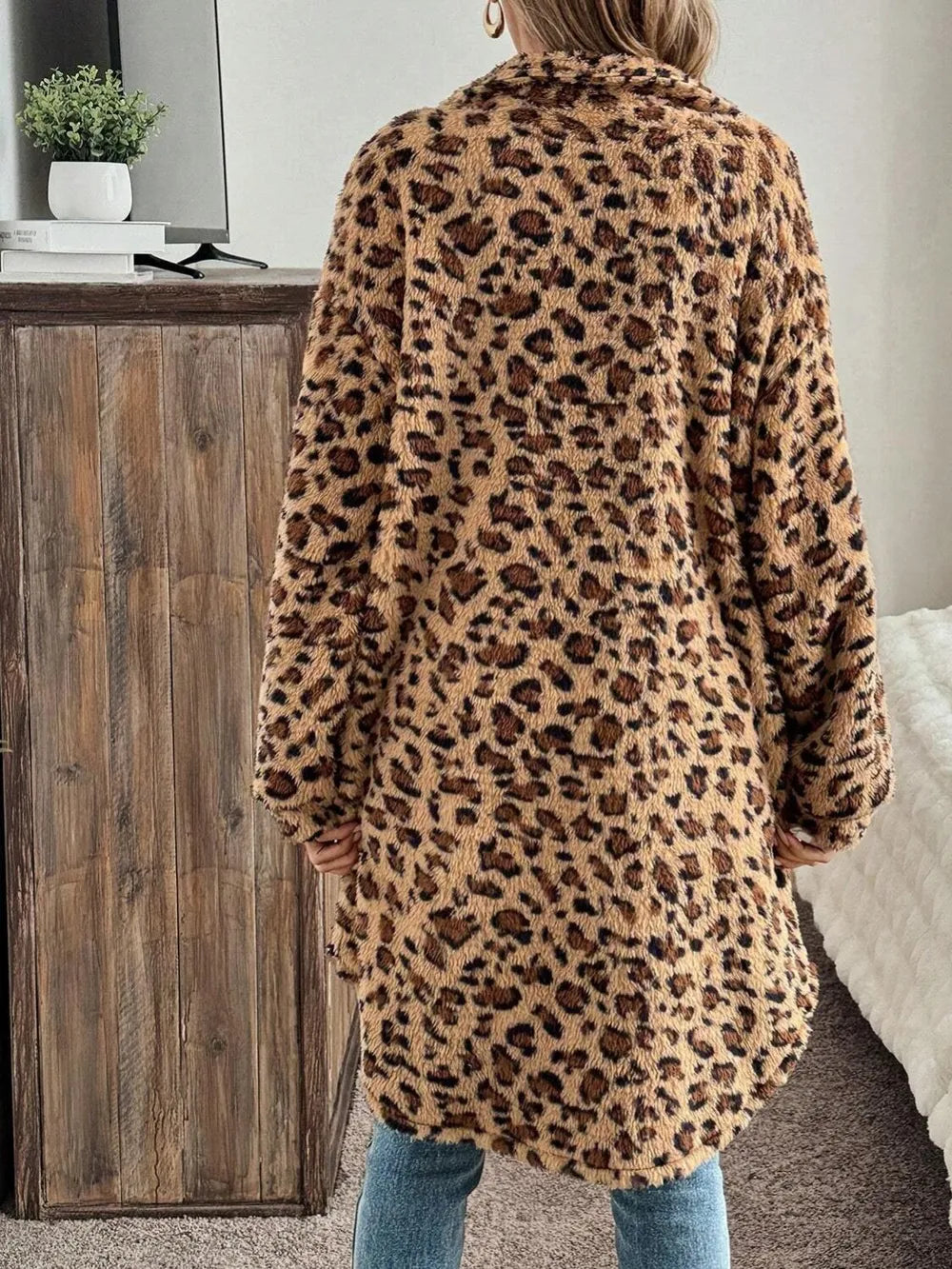 Fashorio Leopard Button Up Long Sleeve Fuzzy Coat