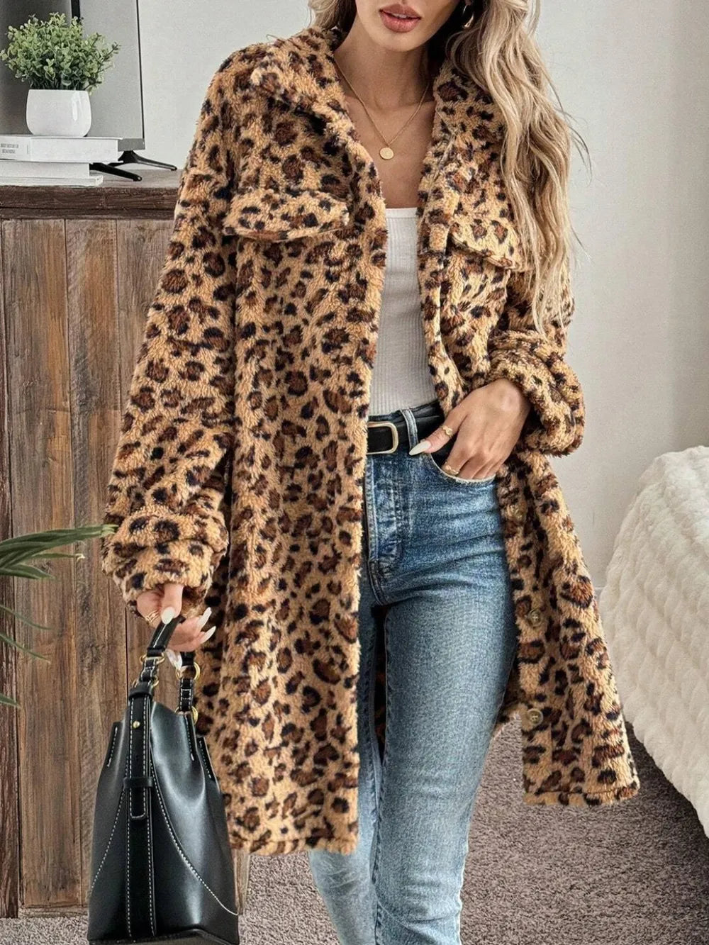Fashorio Leopard Button Up Long Sleeve Fuzzy Coat