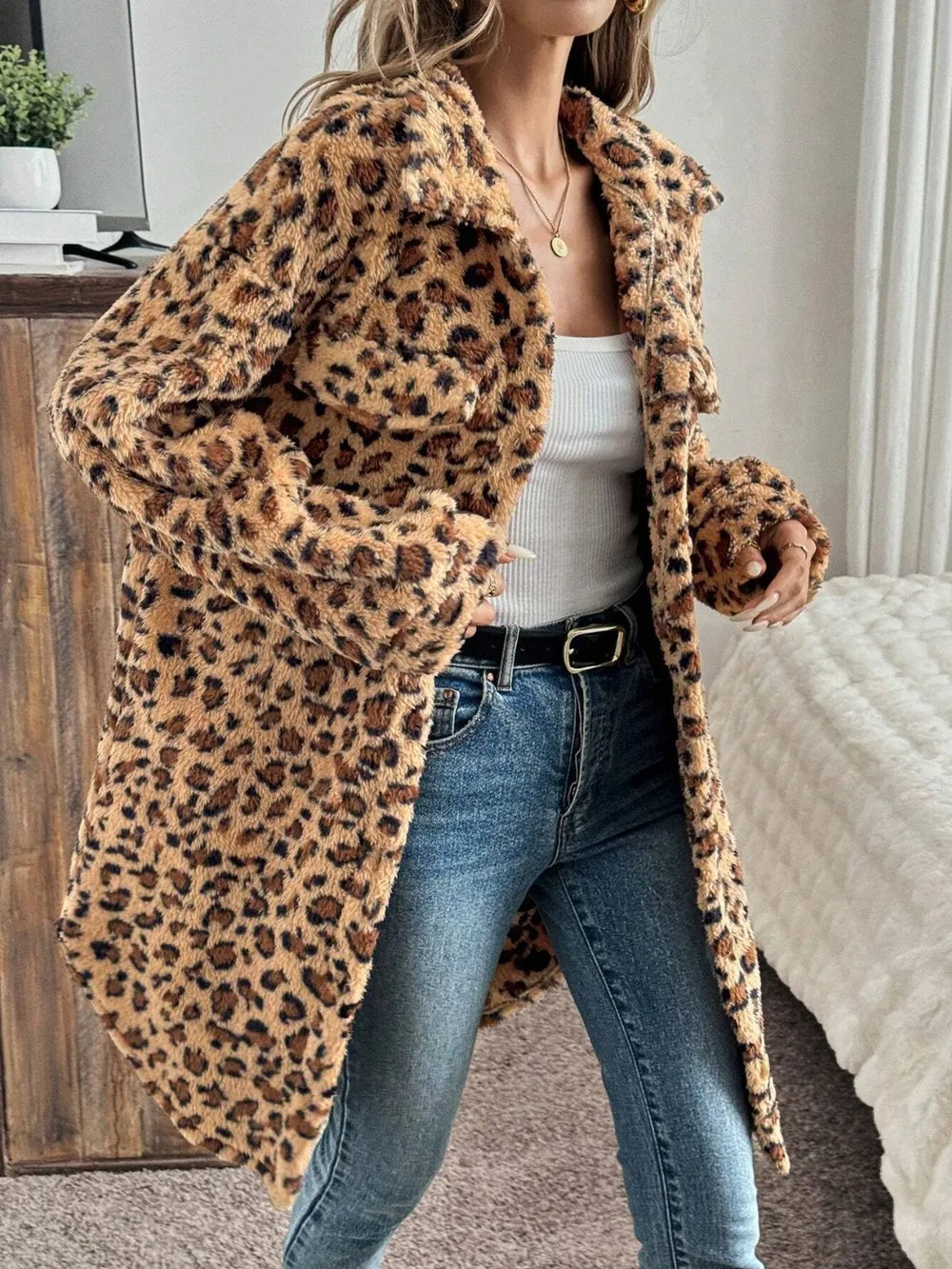 Fashorio Leopard Button Up Long Sleeve Fuzzy Coat