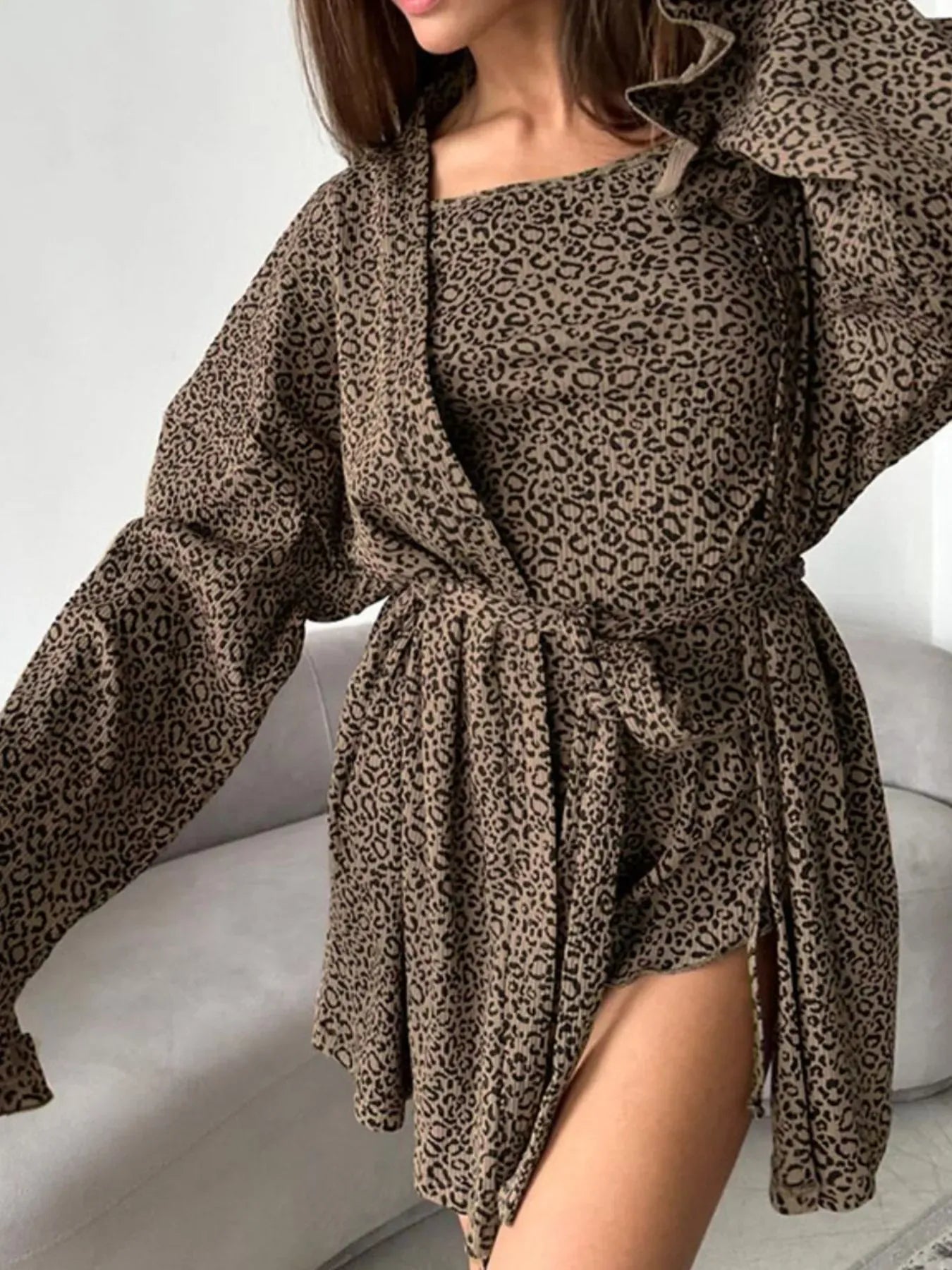 Fashorio Leopard Cami Cardigan and Shorts 3-Piece Set