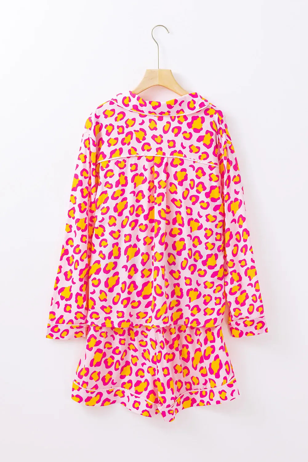 Fashorio Leopard Collared Neck Long Sleeve Top and Shorts Lounge Set