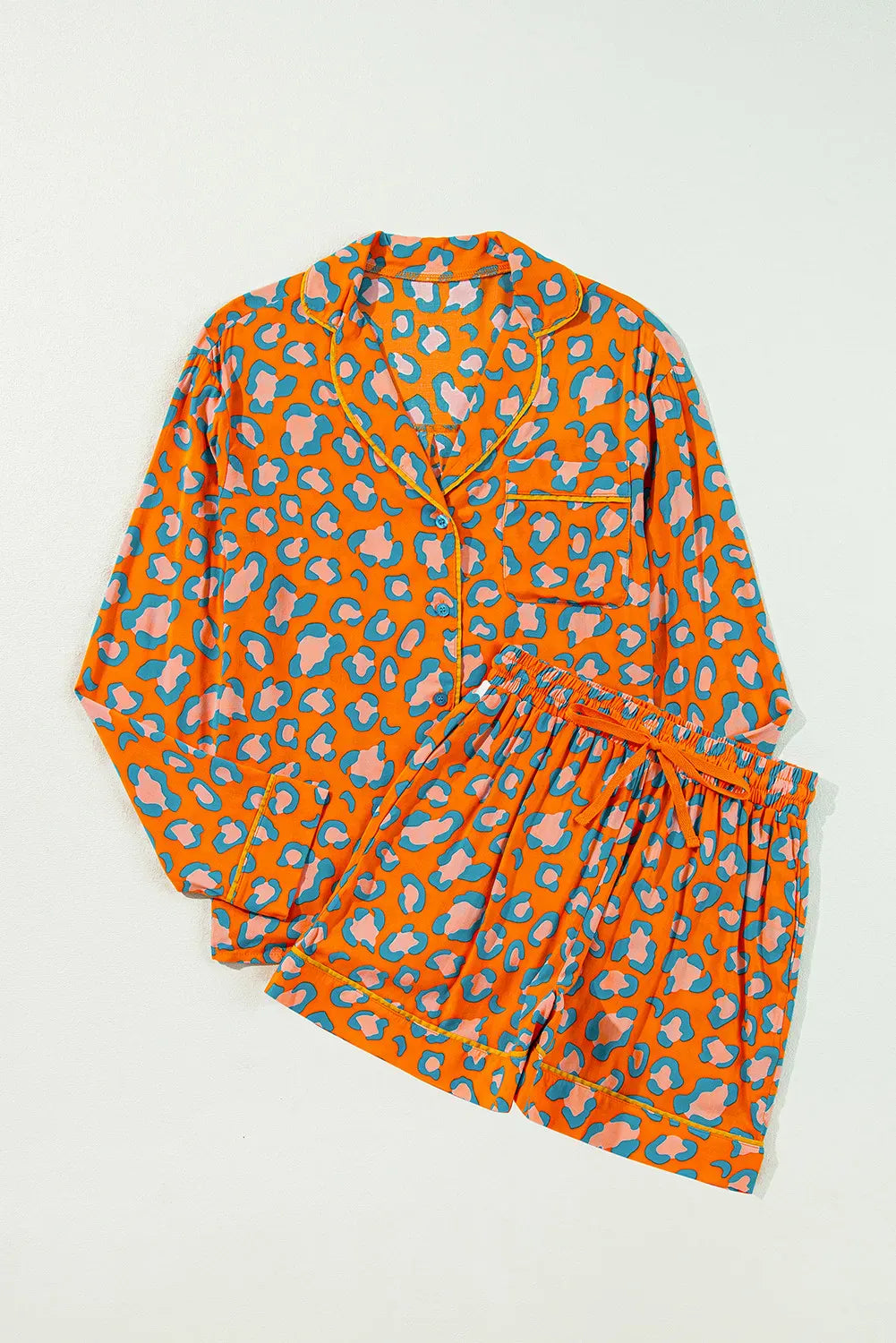 Fashorio Leopard Collared Neck Long Sleeve Top and Shorts Lounge Set