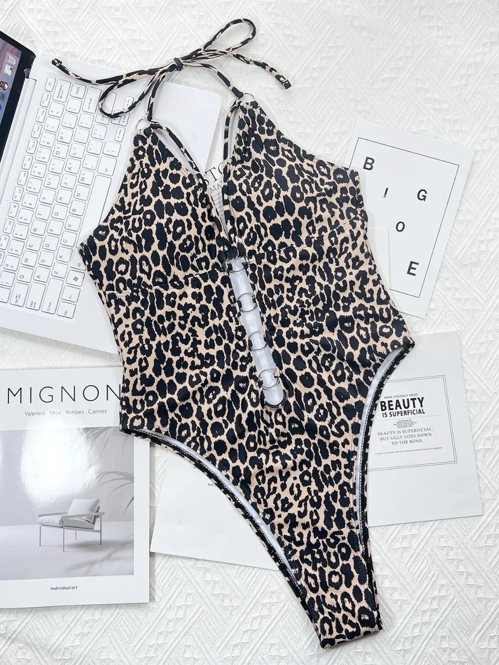 Fashorio Leopard Cutout Halter Neck One-Piece Swimwear