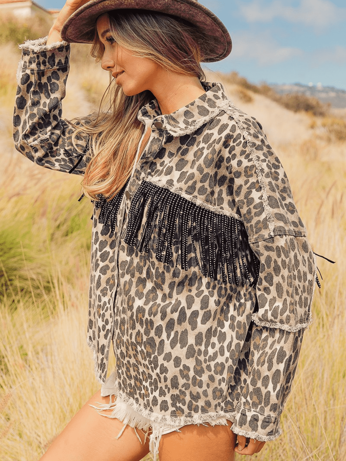 Fashorio Leopard Fringe Detail Collared Neck Denim Jacket