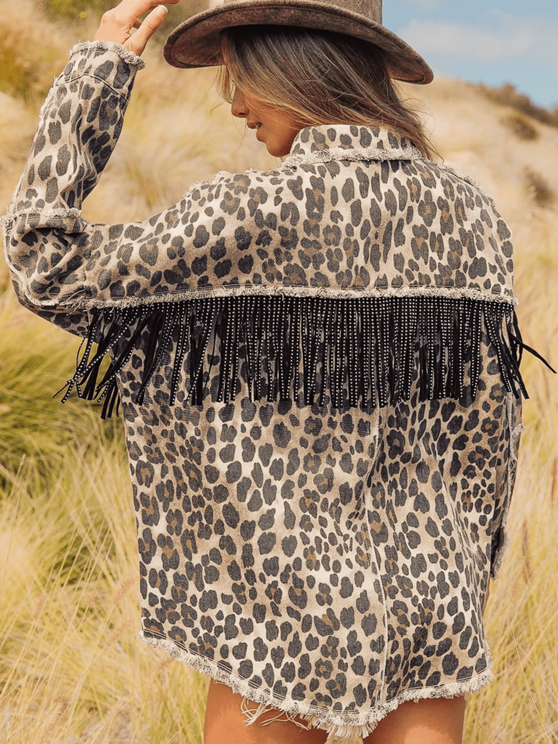 Fashorio Leopard Fringe Detail Collared Neck Denim Jacket