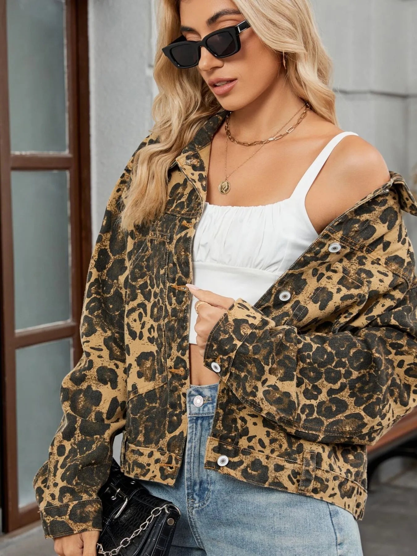 Fashorio Leopard Print Button Up Denim Jacket