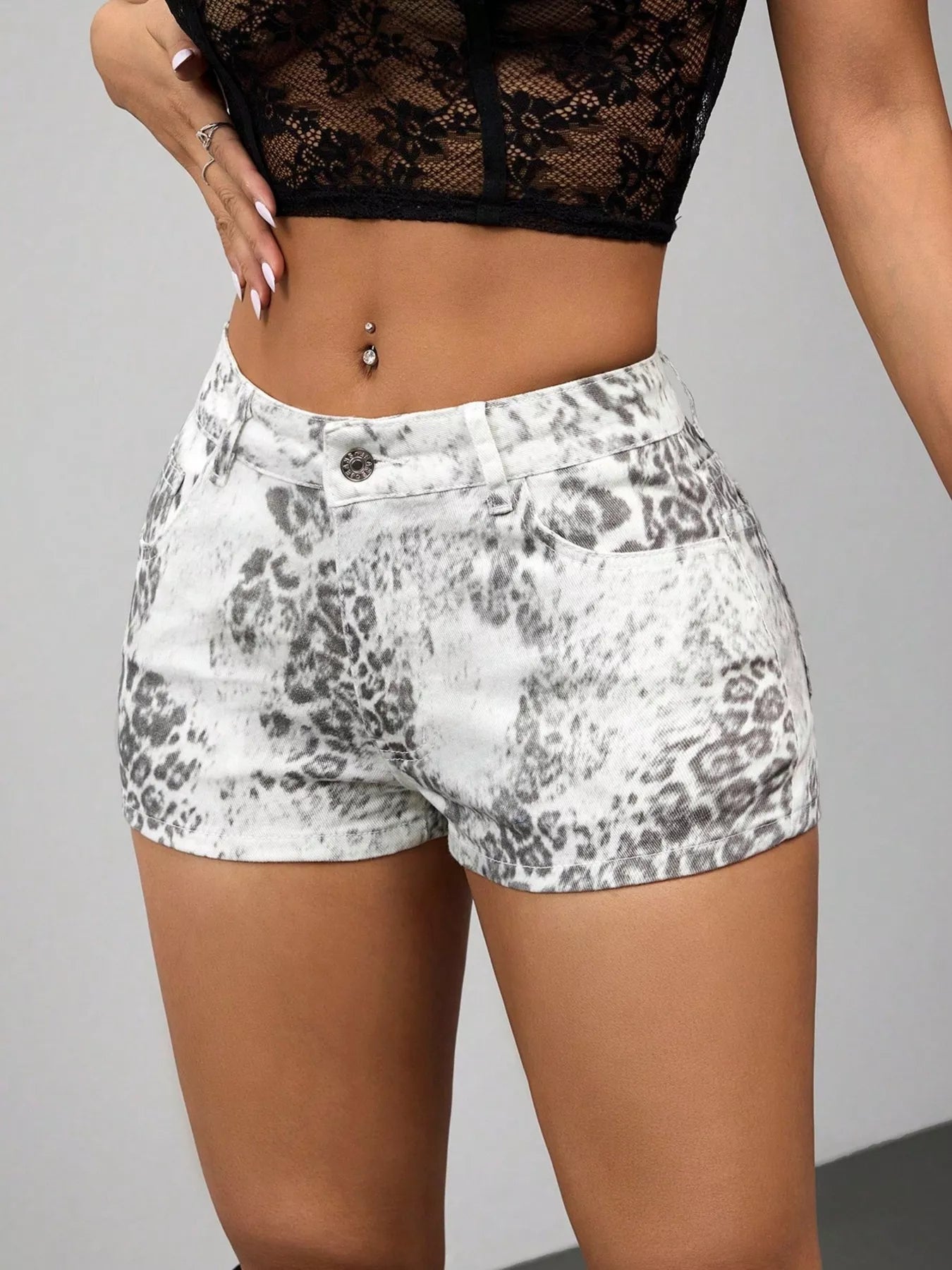 Fashorio Leopard Print Denim Shorts