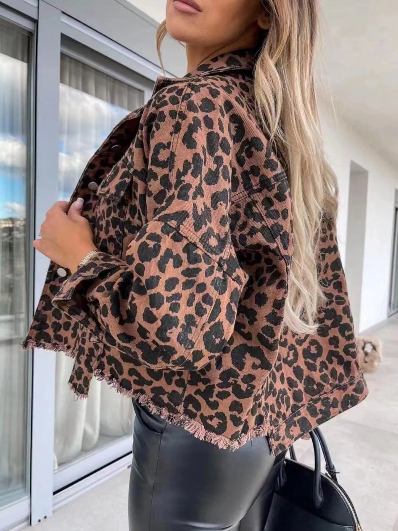 Fashorio Leopard Print Raw Hem Denim Jacket