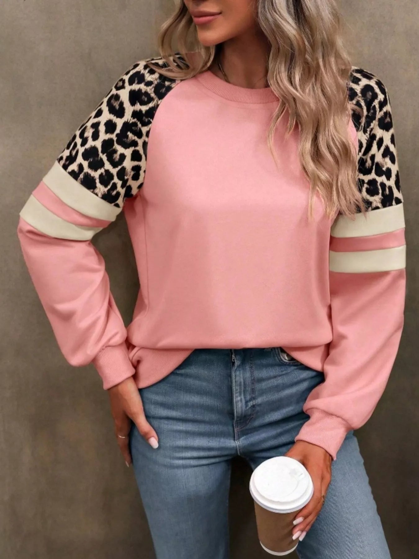 Fashorio Leopard Round Neck Raglan Sleeve Sweatshirt