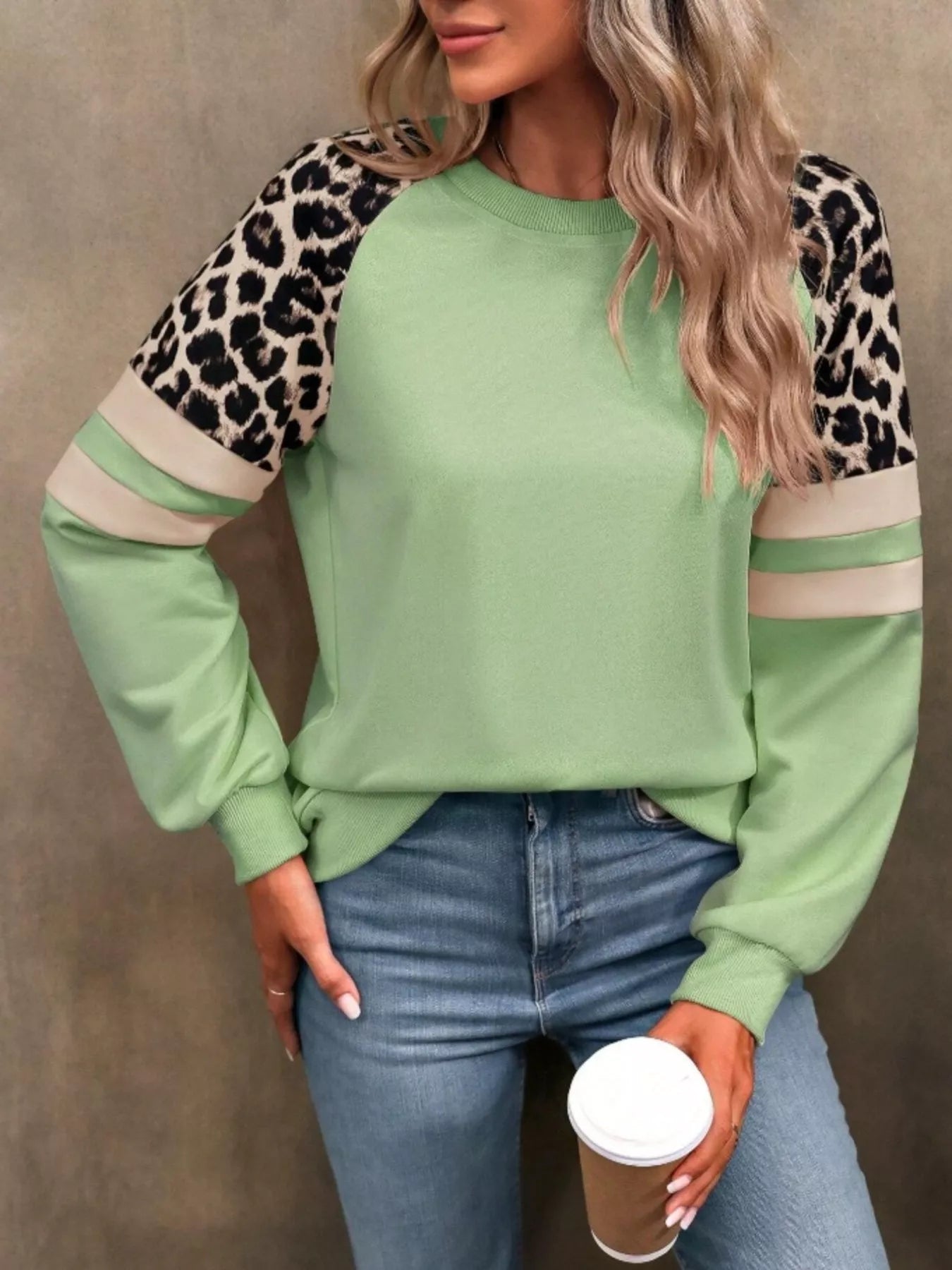 Fashorio Leopard Round Neck Raglan Sleeve Sweatshirt