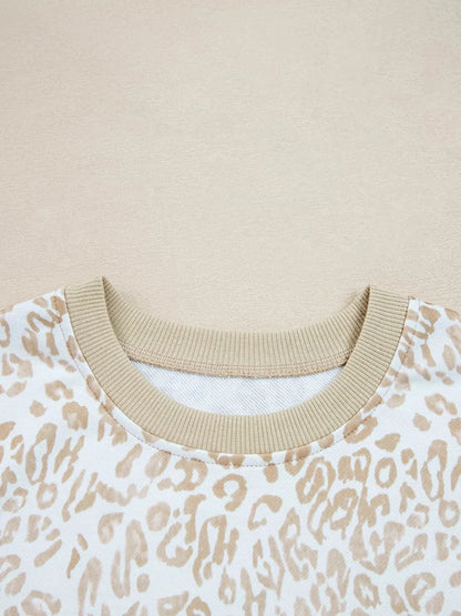 Leopard Ruffle Detail Ribbed Trim Round Neck Sweatshirt - Fashorio