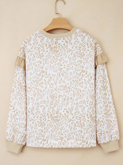 Leopard Ruffle Detail Ribbed Trim Round Neck Sweatshirt - Fashorio