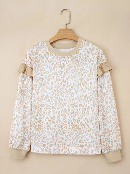 Leopard Ruffle Detail Ribbed Trim Round Neck Sweatshirt - Fashorio