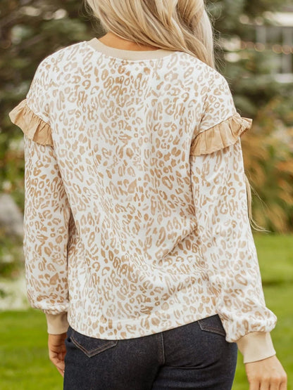 Leopard Ruffle Detail Ribbed Trim Round Neck Sweatshirt - Fashorio