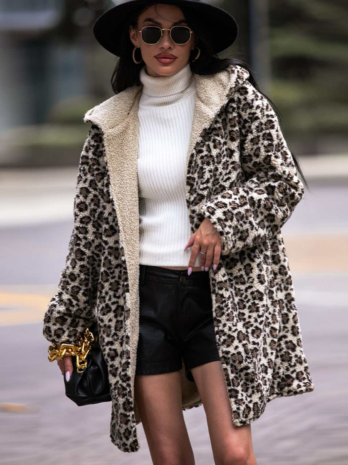 Fashorio Leopard / S Shiny Leopard Hooded Coat with Pockets